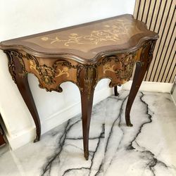 1930’s Antique French Serpentine inlaid Console Table with bronze Ormolu