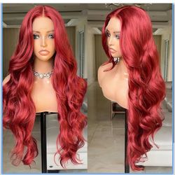 Red Lace Front Wig Body Wave for Women Pre Plucked with Baby Hair Synthetic Natural Curly Weave Glueless Rose Pink Barbie Wig 90x