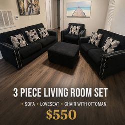 Black 4-Piece Living Room Set – Sofa, Loveseat, Chair & Ottoman