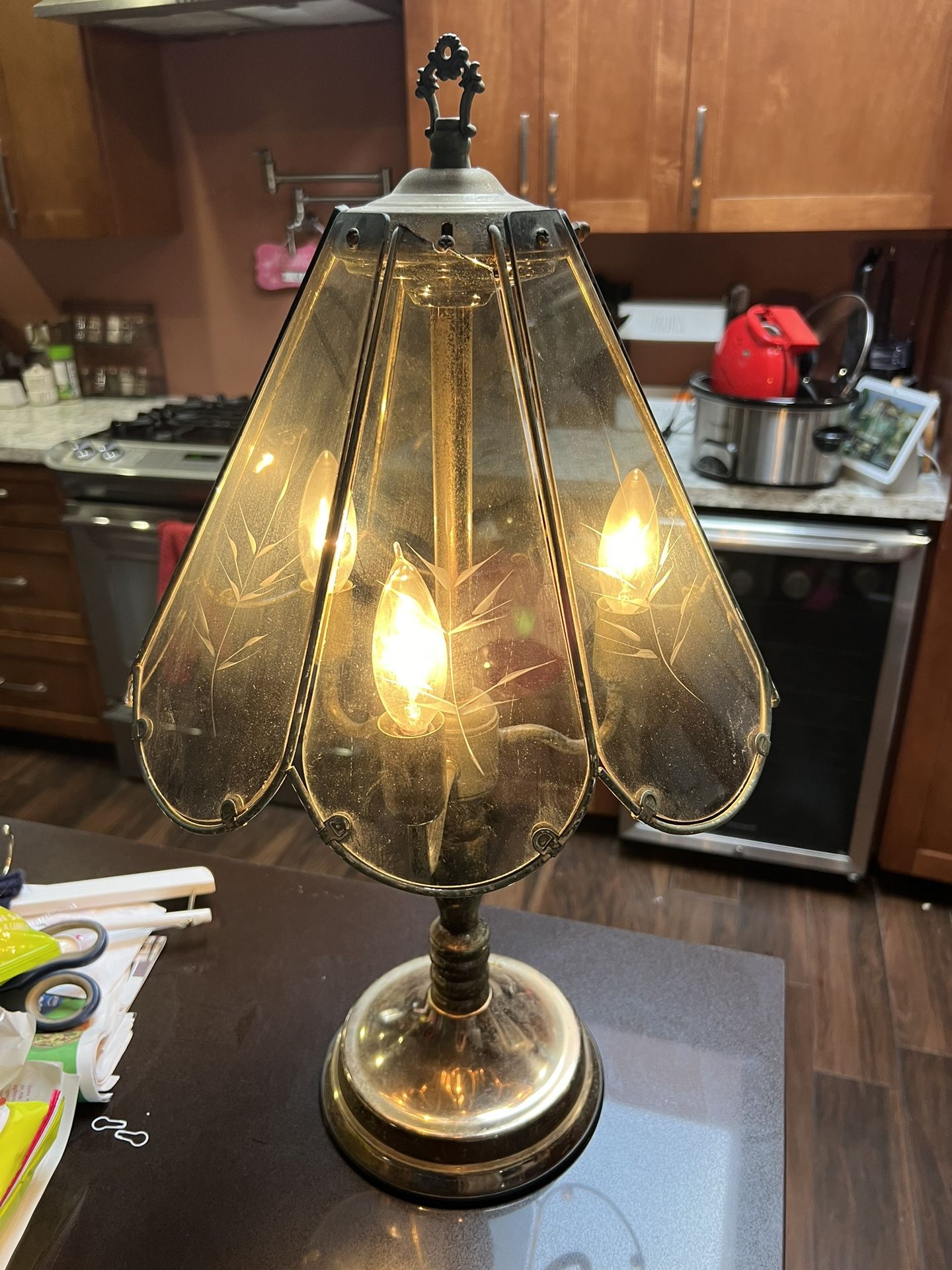 Vintage Lamp Etched Smoked Glass Paneled Shade Gold Tone Base Working 23"