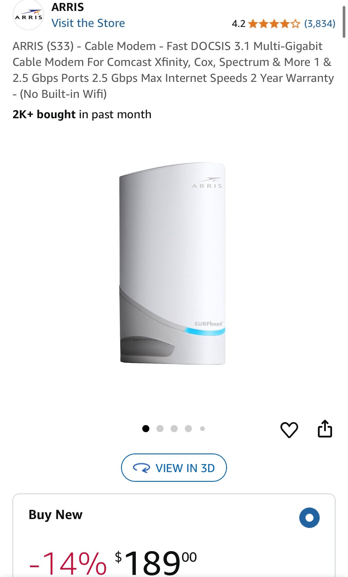 ARRIS (S33) - Cable Modem - Fast DOCSIS 3.1 Multi-Gigabit Cable Modem For Comcast Xfinity, Cox, Spectrum & More 1 & 2.5 Gbps Ports 2.5 Gbps Max Intern