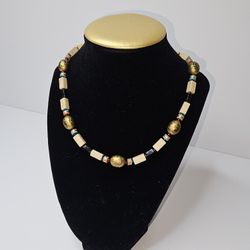 VTG Bohemian Hippie Gold and Cream Beaded Necklace Tribal