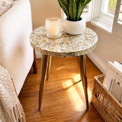Natural Mother of Pearl Mosaic Accent End Side Table Coastal Luxe Boho Designer Style nightstand 