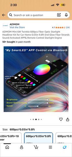 AZIMOM Mini 6W Twinkle 600pcs Fiber Optic Starlight Headliner Kit for Car Home 0.03in 9.8ft End Glow Fiber Strands Sound-Activated APP& Remote Control
