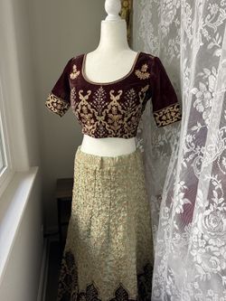 Deep burgundy, gold, mint Lehenga set