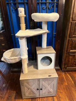 Cat tree with wood base cabinet
