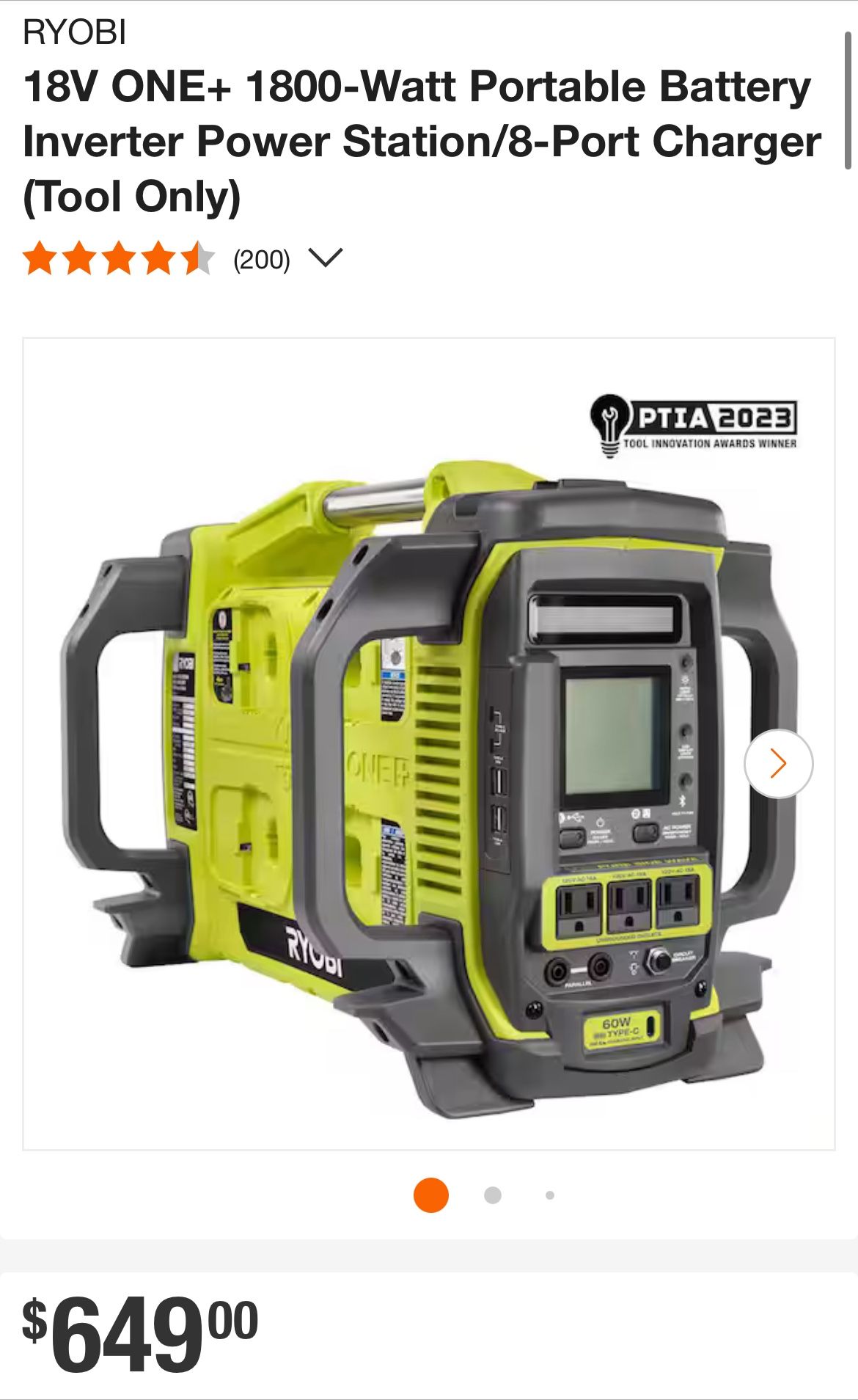 [Retail: $649]New Ryobi 18V ONE+ 1800-Watt Portable Battery Inverter Power Station/8-Port Charger
