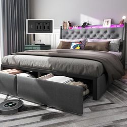 Queen Size Bed Frame with Charging Station and Headboard, Upholstered Button Tufted Platform Queen Bed with 2 Storage Drawers and LED Light