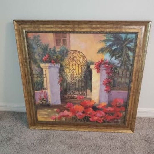 Vintage Framed Joan Cole Garden Gate Oil Painting – 31”x31” – Home Interiors
