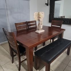 Brown Dining Table Set – Includes 4 Chairs + Bench (Black Cushions)