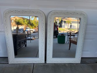 Pair of White Ornate Framed Wall Mirrors