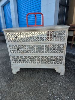 Contemporary mirrored ornate design Moroccan Asian inspired overlay triple chest dresser nightstand