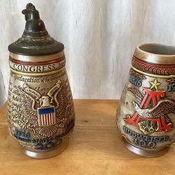 Vintage Anheuser Bush Budweiser Ceramic Beer Steins One W/Pewter Lid 200 Year Bicentennial USA 1976, Plus One Commemorative    Anniversary Stein.  