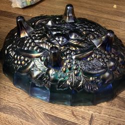  Vintage Oval Glass Footed Fruit Bowl  Iridescent Blue 12"x 8 ½” Grapes & Leaves