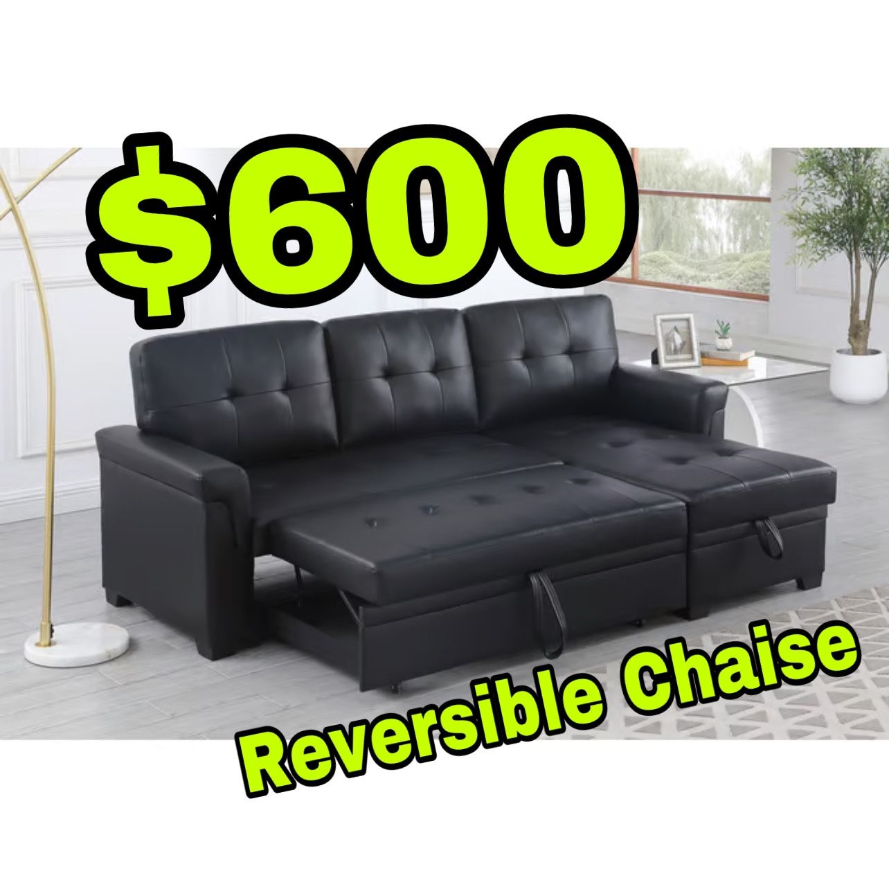 Beautiful New Sectional Sofa Bed W/ Reversible Storage Chaise in Black Leather Only $600!!!