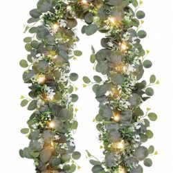 2 Pcs + 2 Light  Eucalyptus Leaf Garland With LED Lights, Artificial Eucalyptus  Runner, Floral Wreath For Home Decor, Room Decor