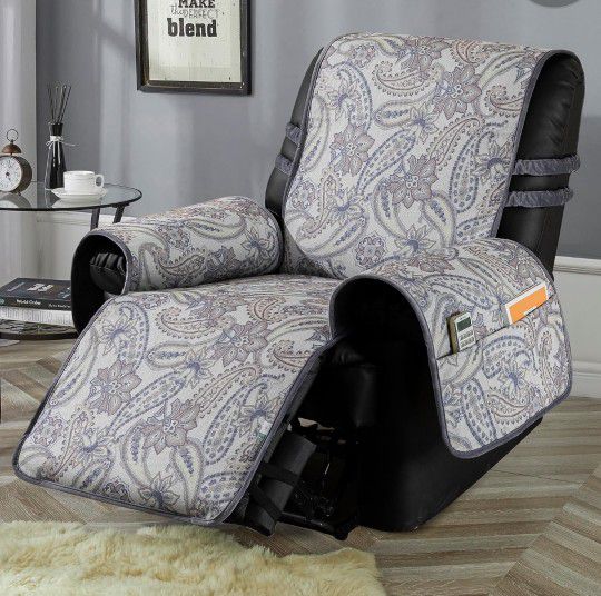 STONECREST Non Slip Recliner Chair Cover - Paisley Printing, Faux Linen Brushed Recliner Slipcover, Stay in Place (Paisley Nickel, Recliner 23" Regula