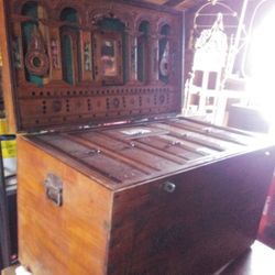 Large Golden Teak Antique Actors Trunk