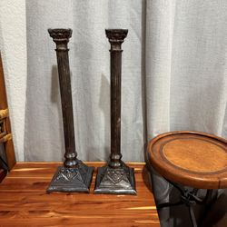 Pair of Tall Ornate Candle Holders • Heavy Cast Metal Corinthian Column Style