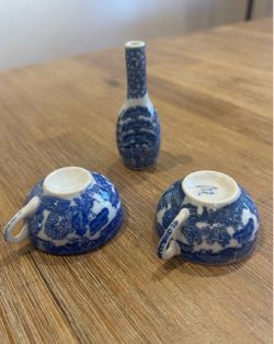 Vintage Miniature Blue Willow Porcelain Tea Cups and Sake Set