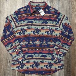Polo Ralph Lauren Southwestern Aztec Western Cowboy Pearl Snap Shirt RARE L