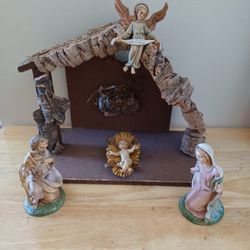 Vintage Italian Resin Nativity Scene With Wood Creche Stable 
