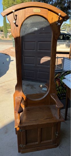Vintage White Clad Oak Hall Tree – Full Length Mirror, Coat Hooks, Bench & Storage