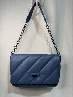 Chico's Blue Quilted Flap Shoulder Bag Chain Strap Gunmetal Hardware Pockets
