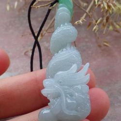 Certified Jadeite Jade 102713 Hand Carved White Green dragon Pendant 