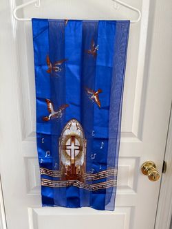 Colorful Royal Blue Religious Printed Satin & Sheer Oblong Scarf with Cross , Doves and Musical Notes