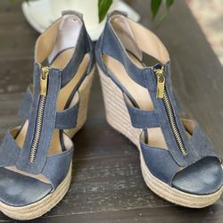Designer Blue Wedge Shoes, Size 9.5