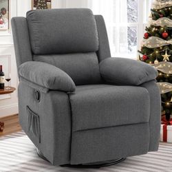 Recliner Chair, 360 Swivel Rocker Chair for Adults, Small Rocking Recliner for Small Spaces, Upholstered Fabric Glider Recliner Nursery , Grey