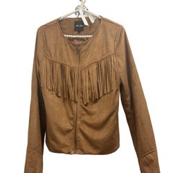 Me Jane Size Medium Brown Faux Suede Western Style Long Sleeve Fringed Jacket
