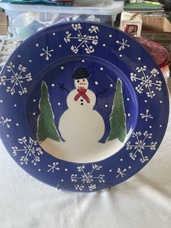 Hand-painted blue ceramic Christmas snowman plate platter by Plow & Hearth  made in Italy. 16.5”