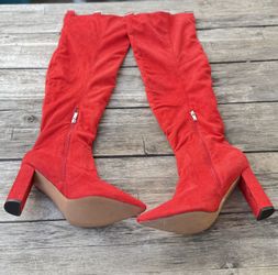 $35 Women Size 14 Over The Knee Boot Red Side Zip Block Heel