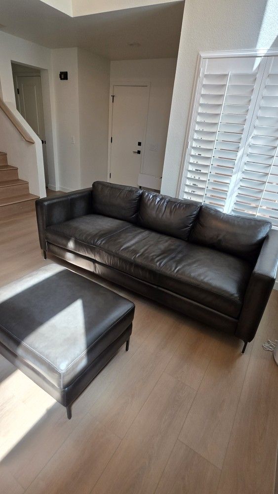 Pottery Barn 85" Couch And Ottoman, Burnished Wolf Grey