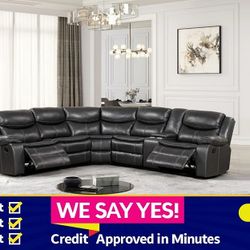 NO CREDIT NEEDED FINANCE - Dark Grey Breathable Leatherette Couch Sofa Recliner W/ Cup Holders