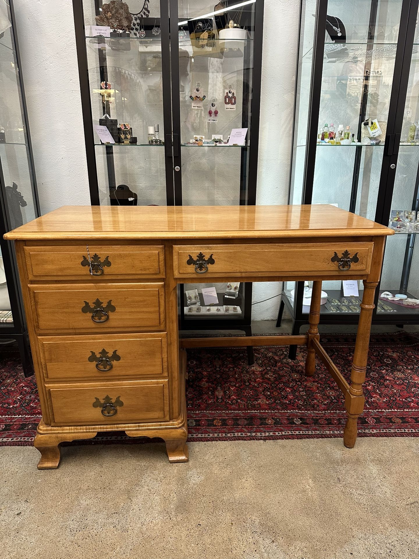 Tan Wood Metal Ornate Handle 5 Drawer Desk SKU UZ9LAF