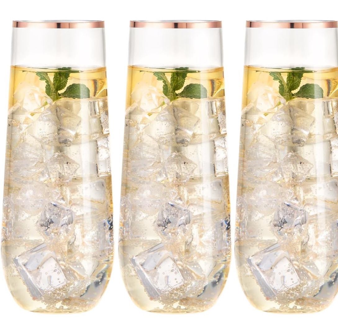 SUT 36 PCS Plastic Stemless Champagne Flutes 9 Oz Rose Gold Rim Shatterproof, Toasting Glasses, Elegant, Disposable, Cups, for Weddings, Parties, Mimo