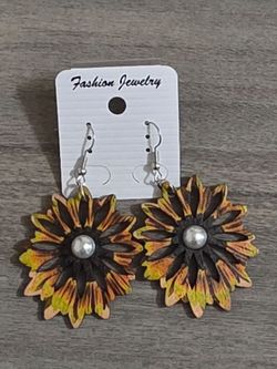 Boho Sunflower Wooden Statement Earrings • Faux Pearl Floral Dangles