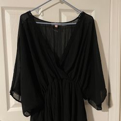Plus Size 2x Black Sheer Lace Trim Kimono Sleeve Blouse 2X Flowy V Neck