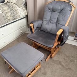 Dutailier Wooden Sleigh Glider Reclining Chair With Ottoman Set. Gray Cushions Included. 