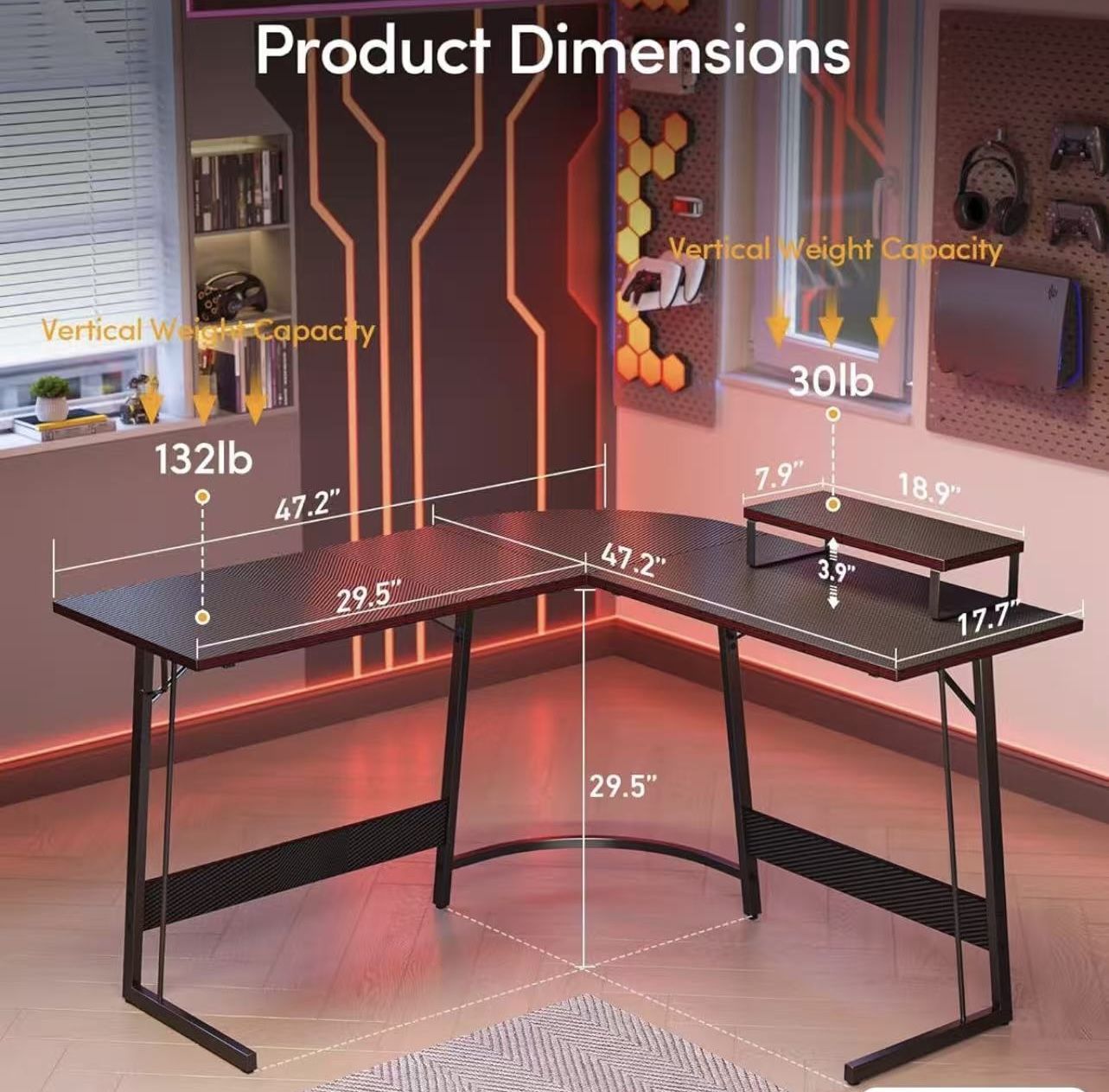 🥨L-Shaped Gaming Desk Computer Office Desk, 47 inch Corner Desk with Large Monitor Stand for Office Study Writing Workstation, Black