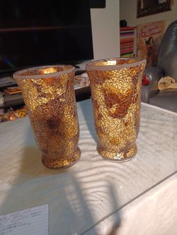 Vtg. Setcof 2 Gold and Amber mosaic glass flower vases