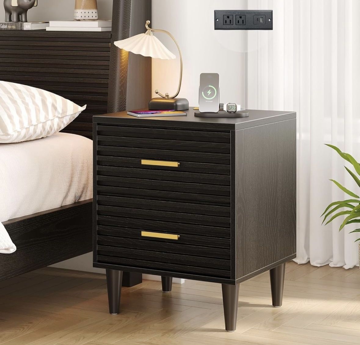 Whalefall Night Stands with Charging Station, Mid Century Modern Nightstand, Fluted Bedside Table with Drawer, End Table Bed Side Tables for Bedroom,