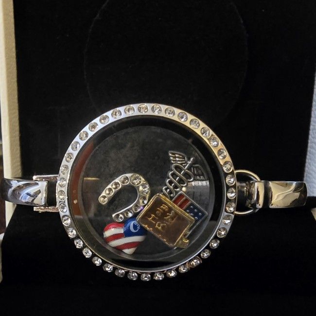 Stainless Steel Bangle w/charms & Rhinestones