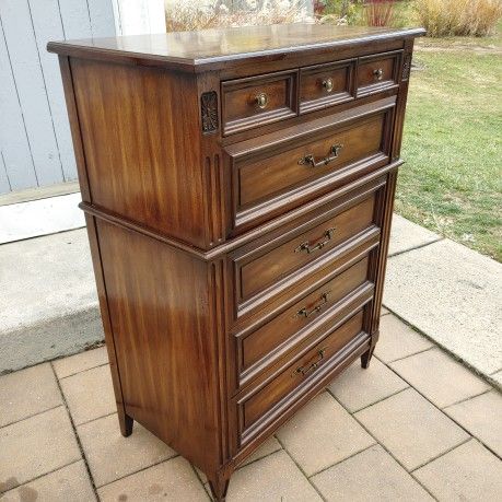 MCM Neoclassical Walnut Tall Dresser 5 Drawer