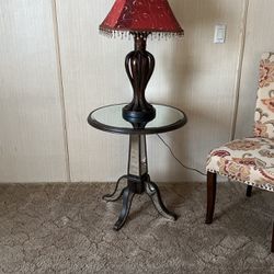 Pier One Round Mirror Table And Lowe’s  Vintage Style Lamp 