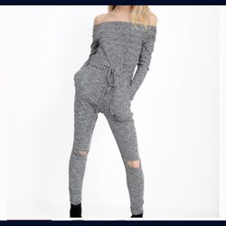Slashed In My Knee Ribbed Bardot Lounge Jumpsuit