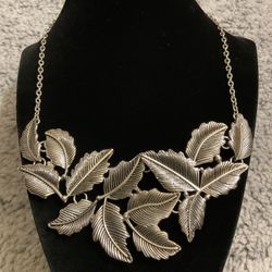 Silver Necklace With A Floral Leaves Pendant,could Also Be Used As A Choker…extended Chain
